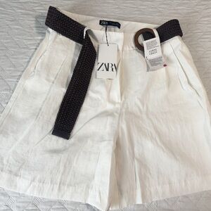 Zara Cream Shorts with Dark Brown Belt